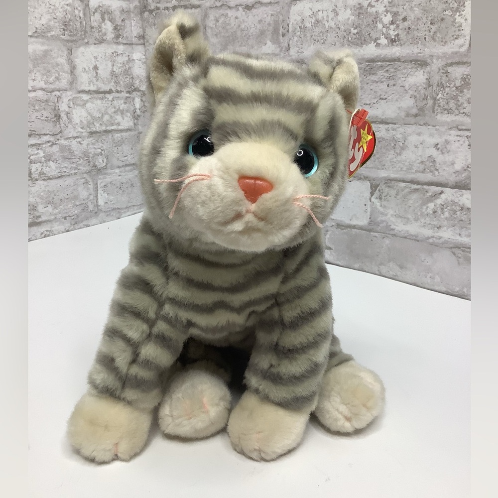 Ty Beanie Buddy Cat Silver Plush Gray Striped Kitten NWT 11" Rare Stuffed Animal